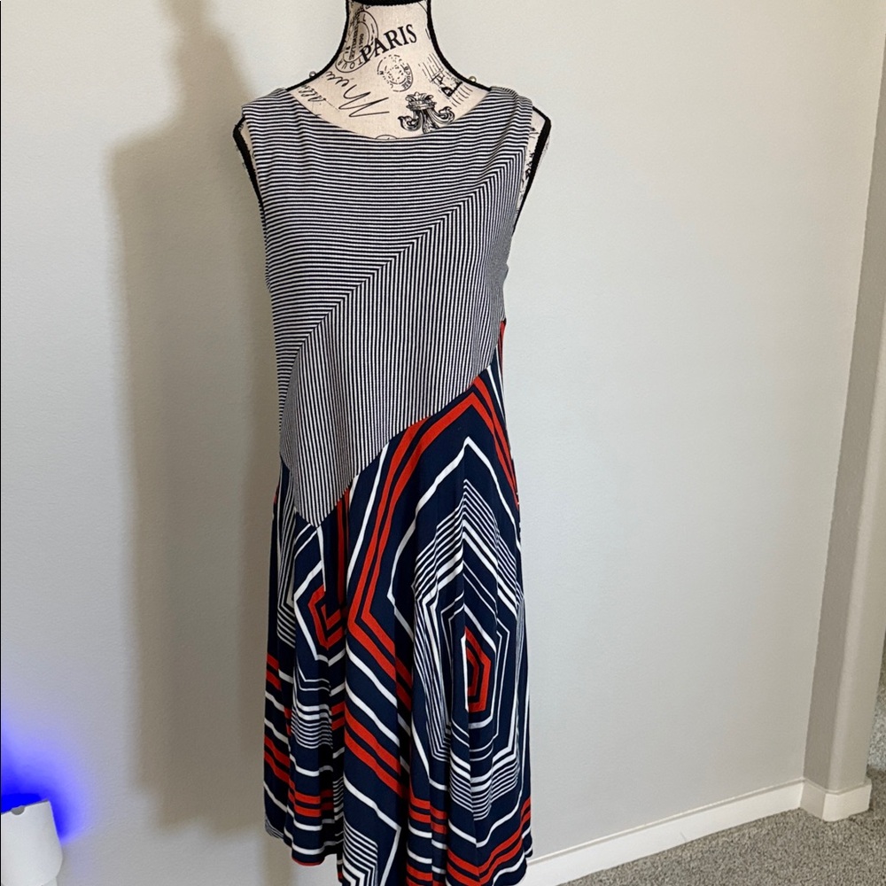 Maeve Asymmetrical Dress with Navy, White, and Red Patterns